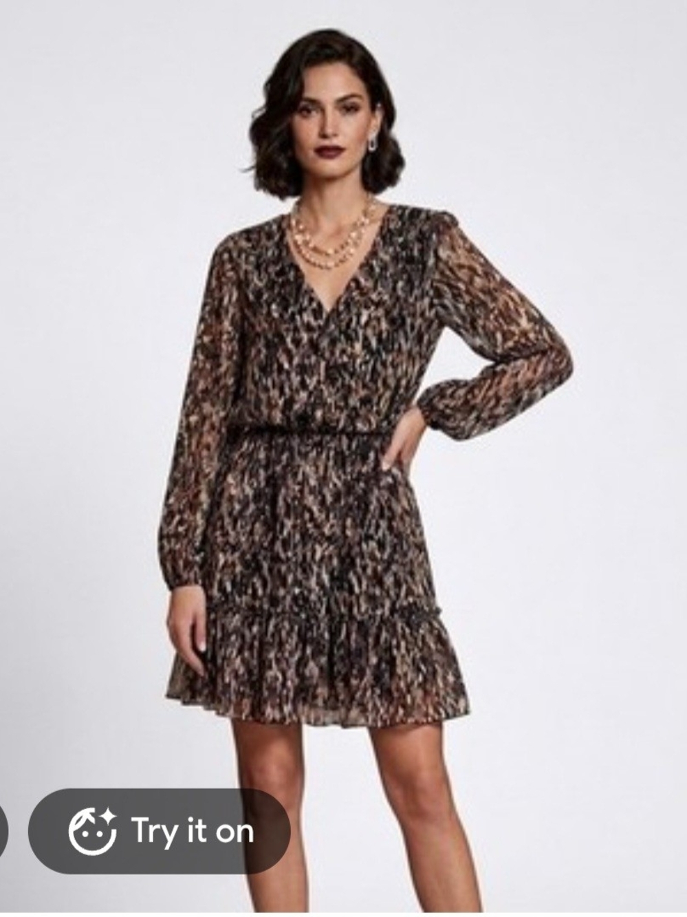 Evereve Mini Dress Abstract V-Neck Long Sleeve Metallic Gold Brown XS